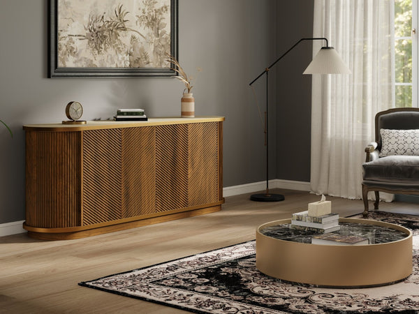English Elm 63 Inch Fluted Walnut Sideboard with Faux Marble Top Gold Trim and Soft Close Doors W5216S00006