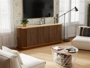 English Elm 63 Inch Fluted Walnut Sideboard with Faux Marble Top Gold Trim and Soft Close Doors W5216S00006