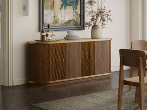 English Elm 63 Inch Fluted Walnut Sideboard with Faux Marble Top Gold Trim and Soft Close Doors W5216S00006