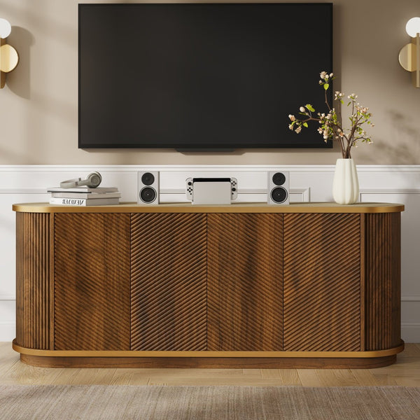 English Elm 63 Inch Fluted Walnut Sideboard with Faux Marble Top Gold Trim and Soft Close Doors W5216S00006