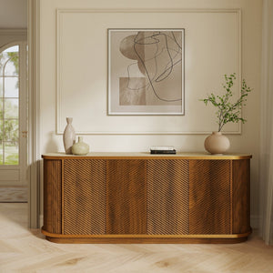 English Elm 63 Inch Fluted Walnut Sideboard with Faux Marble Top Gold Trim and Soft Close Doors W5216S00006