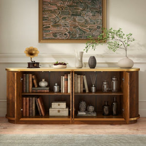English Elm 63 Inch Fluted Walnut Sideboard with Faux Marble Top Gold Trim and Soft Close Doors W5216S00006
