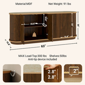 English Elm 63 Inch Fluted Walnut Sideboard with Faux Marble Top Gold Trim and Soft Close Doors W5216S00006