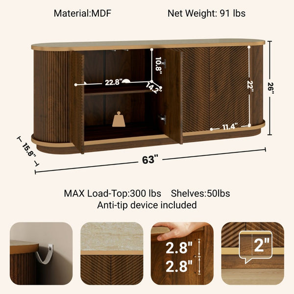 English Elm 63 Inch Fluted Walnut Sideboard with Faux Marble Top Gold Trim and Soft Close Doors W5216S00006