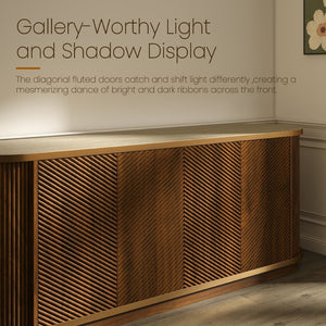 English Elm 63 Inch Fluted Walnut Sideboard with Faux Marble Top Gold Trim and Soft Close Doors W5216S00006