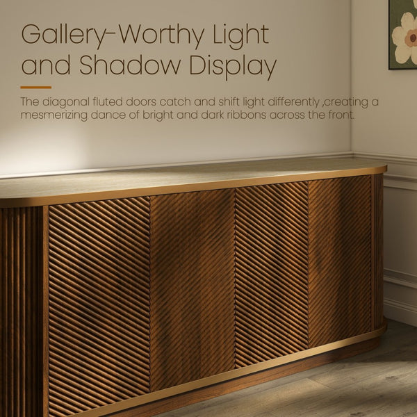 English Elm 63 Inch Fluted Walnut Sideboard with Faux Marble Top Gold Trim and Soft Close Doors W5216S00006