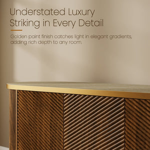 English Elm 63 Inch Fluted Walnut Sideboard with Faux Marble Top Gold Trim and Soft Close Doors W5216S00006