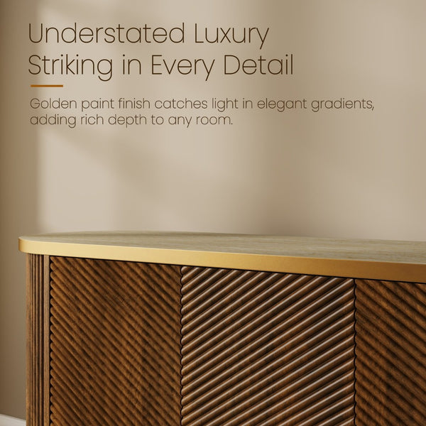 English Elm 63 Inch Fluted Walnut Sideboard with Faux Marble Top Gold Trim and Soft Close Doors W5216S00006