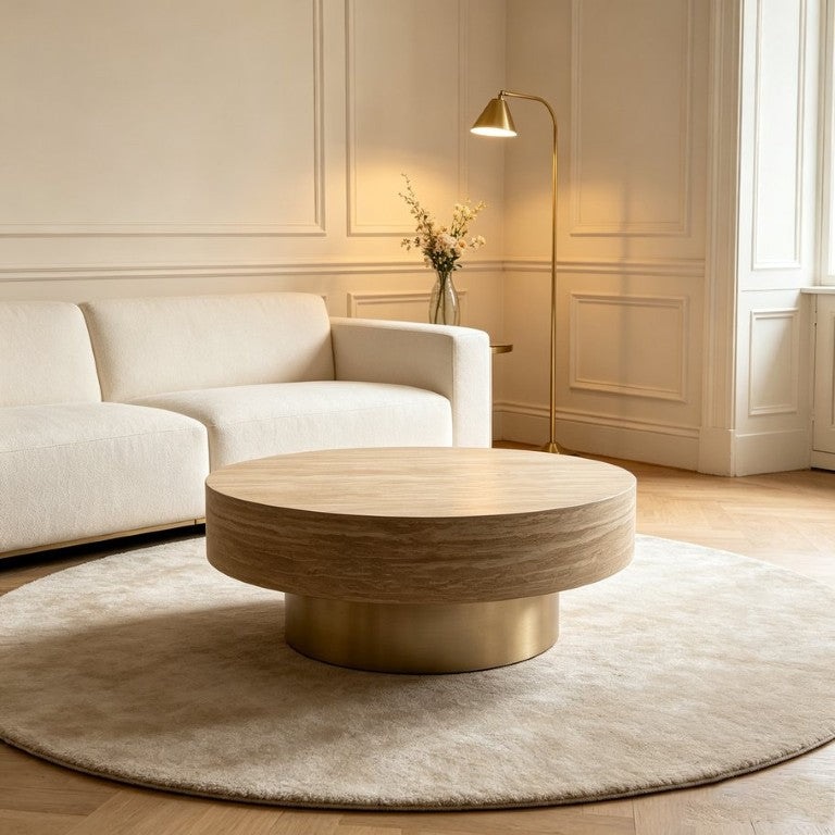 English Elm 31.88 Inch Travertine Round Coffee Table Champagne Gold Pedestal Base Living Room W5230P567203
