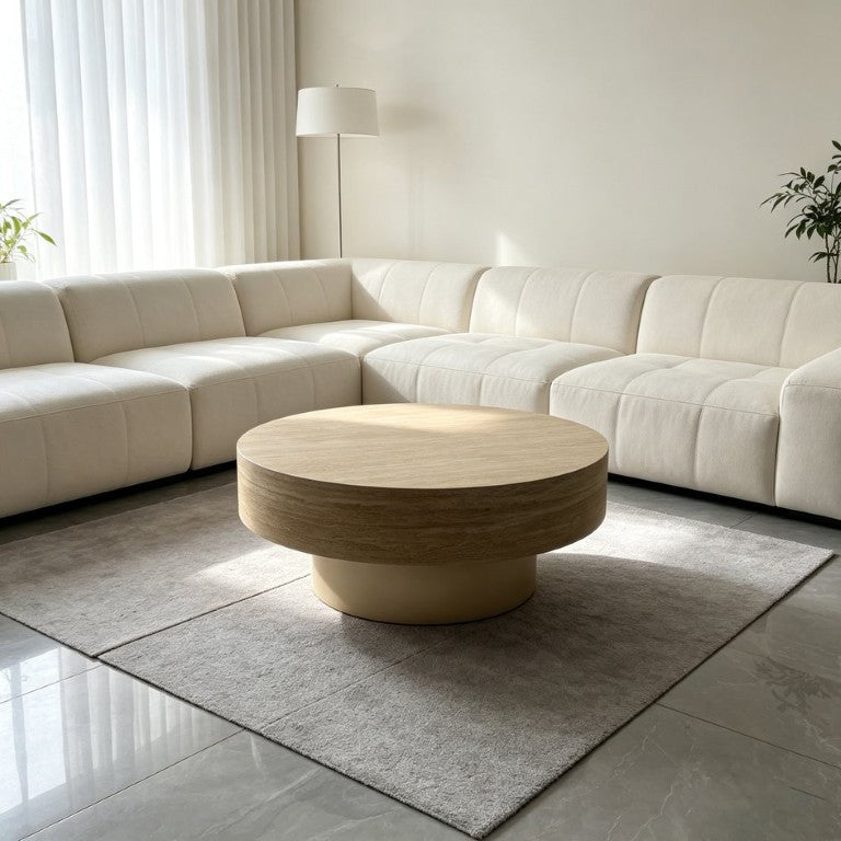 English Elm 31.88 Inch Travertine Round Coffee Table Champagne Gold Pedestal Base Living Room W5230P567203