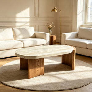 English Elm 48.42 Inch Oval Coffee Table Travertine MDF Top Curved Legs for Living Room W5230P567208