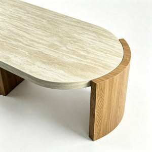 English Elm 48.42 Inch Oval Coffee Table Travertine MDF Top Curved Legs for Living Room W5230P567208