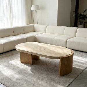 English Elm 48.42 Inch Oval Coffee Table Travertine MDF Top Curved Legs for Living Room W5230P567208