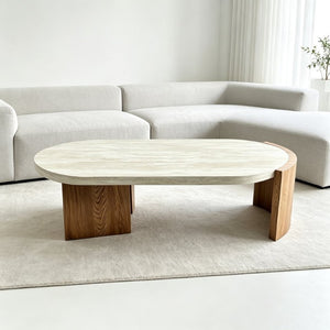 English Elm 48.42 Inch Oval Coffee Table Travertine MDF Top Curved Legs for Living Room W5230P567208