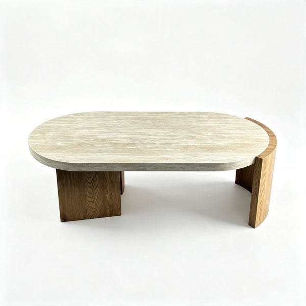 English Elm 48.42 Inch Oval Coffee Table Travertine MDF Top Curved Legs for Living Room W5230P567208