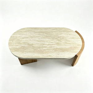 English Elm 48.42 Inch Oval Coffee Table Travertine MDF Top Curved Legs for Living Room W5230P567208