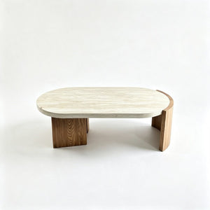 English Elm 48.42 Inch Oval Coffee Table Travertine MDF Top Curved Legs for Living Room W5230P567208