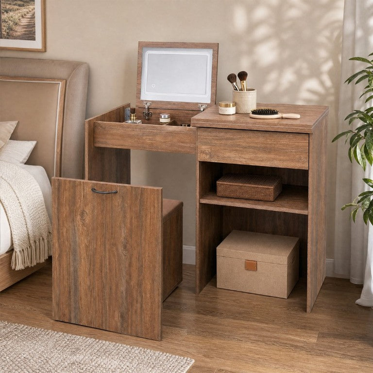 English Elm Dressing Table Vanity with Folding Mirror Convertible Desk and Hidden Storage Cabinet W5252P527162