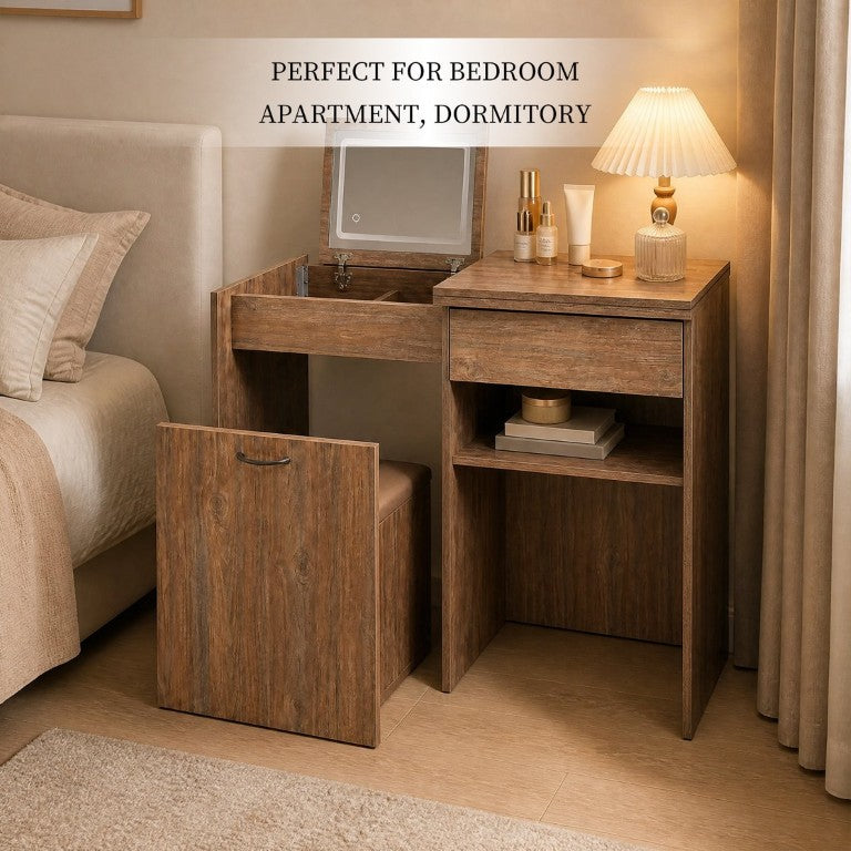English Elm Dressing Table Vanity with Folding Mirror Convertible Desk and Hidden Storage Cabinet W5252P527162