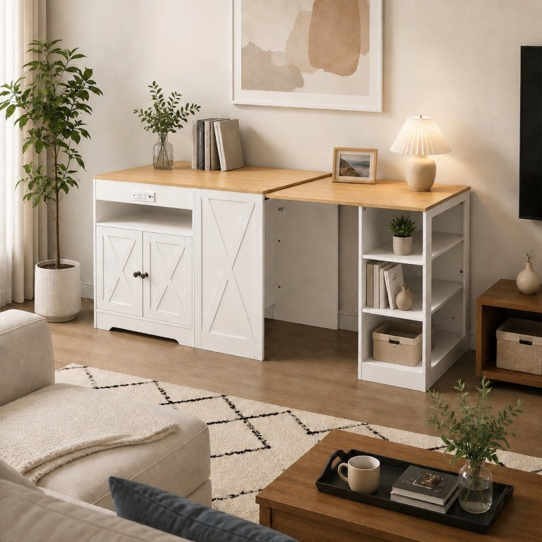 English Elm Folding Wall Mounted Desk with Side Storage Shelf and Built in Power Connector W5252P528628