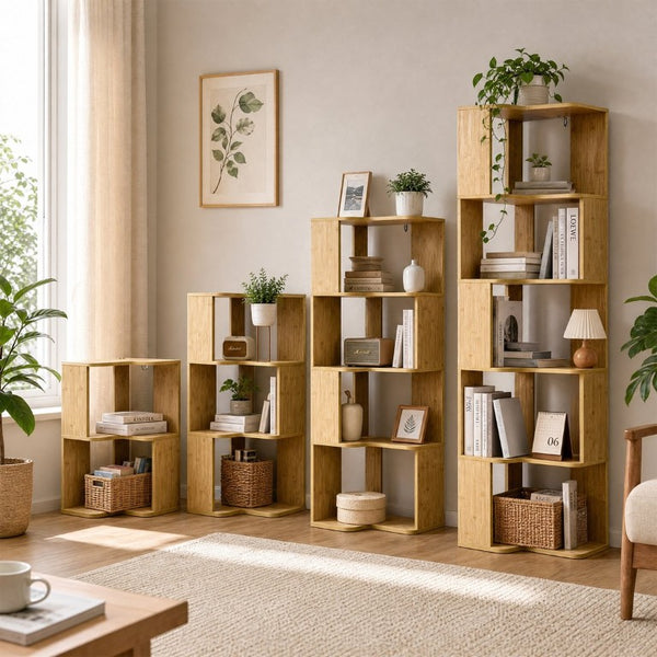 English Elm Bookshelf Corner Bamboo 5 Tier Modular Open Display Unit for Living Room or Office Natural Wood - B W5252P540302
