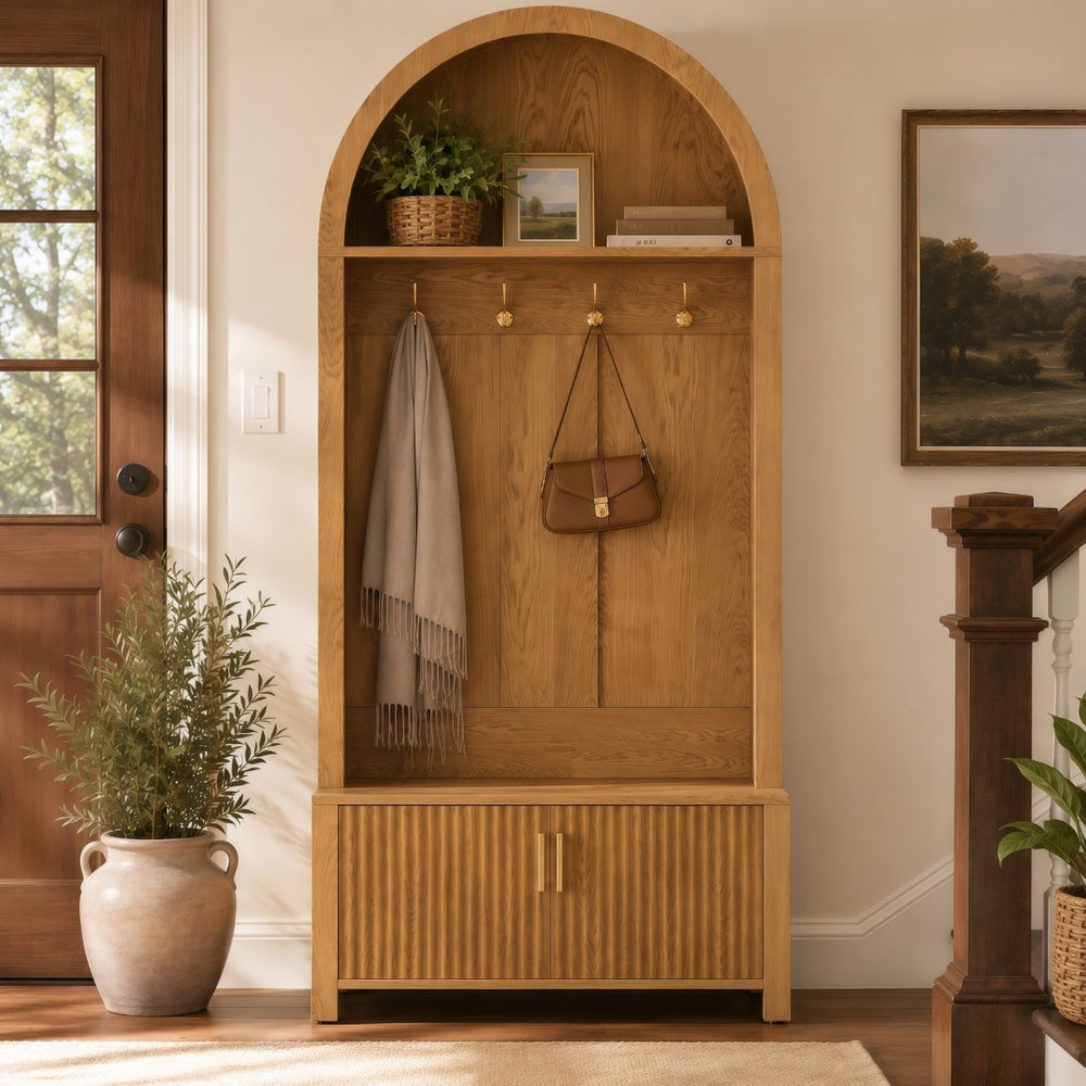 English Elm Arched Farmhouse Hall Tree with Fluted Cabinet Bench and Four Metal Coat Hooks W5271P499179
