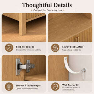 English Elm Arched Farmhouse Hall Tree with Fluted Cabinet Bench and Four Metal Coat Hooks W5271P499179