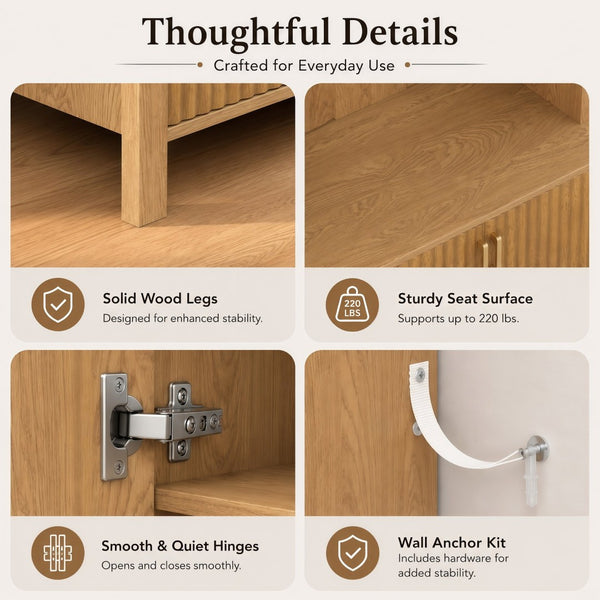 English Elm Arched Farmhouse Hall Tree with Fluted Cabinet Bench and Four Metal Coat Hooks W5271P499179