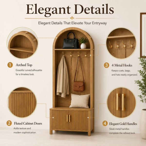 English Elm Arched Farmhouse Hall Tree with Fluted Cabinet Bench and Four Metal Coat Hooks W5271P499179
