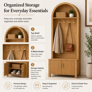 English Elm Arched Farmhouse Hall Tree with Fluted Cabinet Bench and Four Metal Coat Hooks W5271P499179