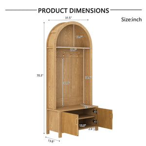 English Elm Arched Farmhouse Hall Tree with Fluted Cabinet Bench and Four Metal Coat Hooks W5271P499179