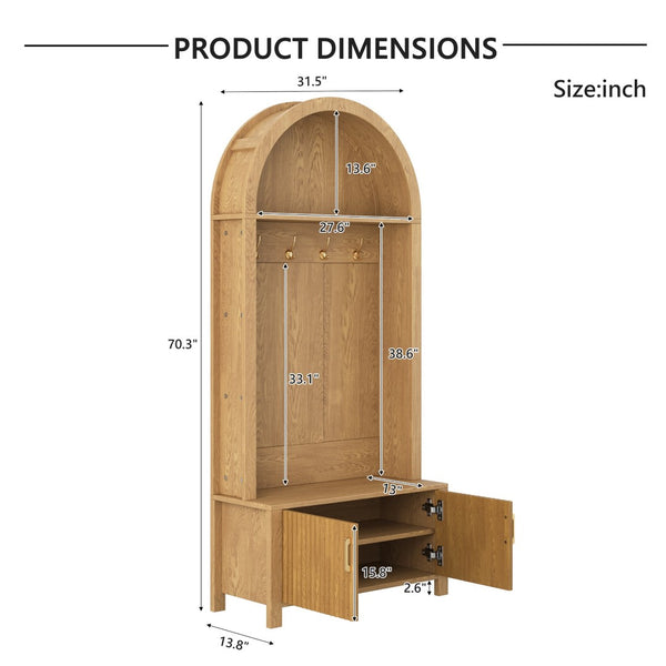English Elm Arched Farmhouse Hall Tree with Fluted Cabinet Bench and Four Metal Coat Hooks W5271P499179