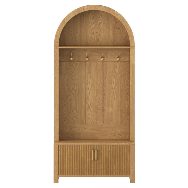 English Elm Arched Farmhouse Hall Tree with Fluted Cabinet Bench and Four Metal Coat Hooks W5271P499179