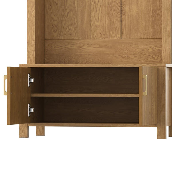 English Elm Arched Farmhouse Hall Tree with Fluted Cabinet Bench and Four Metal Coat Hooks W5271P499179