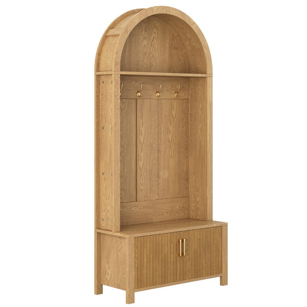 English Elm Arched Farmhouse Hall Tree with Fluted Cabinet Bench and Four Metal Coat Hooks W5271P499179