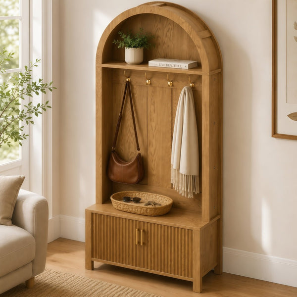 English Elm Arched Farmhouse Hall Tree with Fluted Cabinet Bench and Four Metal Coat Hooks W5271P499179