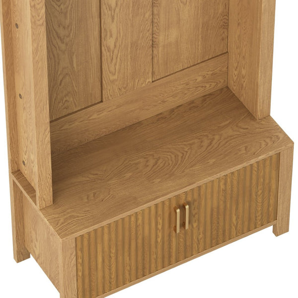 English Elm Arched Farmhouse Hall Tree with Fluted Cabinet Bench and Four Metal Coat Hooks W5271P499179