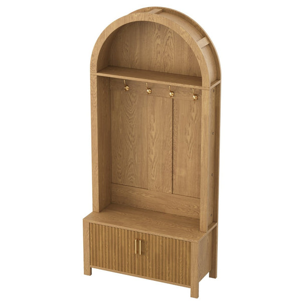 English Elm Arched Farmhouse Hall Tree with Fluted Cabinet Bench and Four Metal Coat Hooks W5271P499179