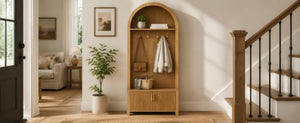 English Elm Arched Farmhouse Hall Tree with Fluted Cabinet Bench and Four Metal Coat Hooks W5271P499179