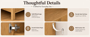 English Elm Arched Farmhouse Hall Tree with Fluted Cabinet Bench and Four Metal Coat Hooks W5271P499179