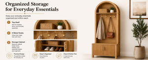 English Elm Arched Farmhouse Hall Tree with Fluted Cabinet Bench and Four Metal Coat Hooks W5271P499179