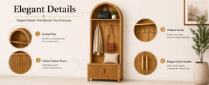 English Elm Arched Farmhouse Hall Tree with Fluted Cabinet Bench and Four Metal Coat Hooks W5271P499179