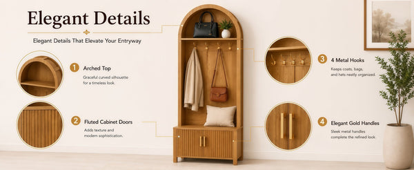 English Elm Arched Farmhouse Hall Tree with Fluted Cabinet Bench and Four Metal Coat Hooks W5271P499179