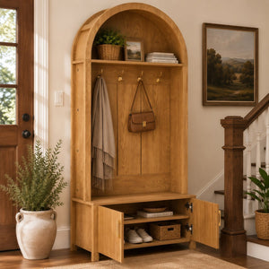 English Elm Arched Farmhouse Hall Tree with Fluted Cabinet Bench and Four Metal Coat Hooks W5271P499179