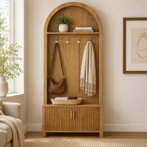 English Elm Arched Farmhouse Hall Tree with Fluted Cabinet Bench and Four Metal Coat Hooks W5271P499179