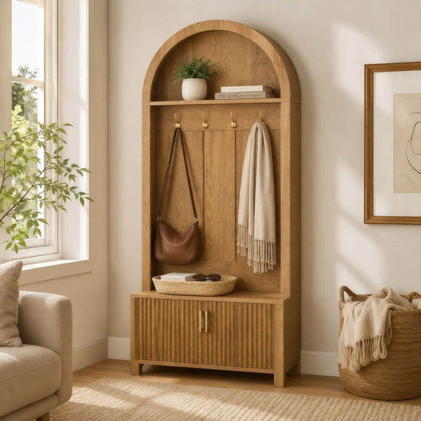 English Elm Arched Farmhouse Hall Tree with Fluted Cabinet Bench and Four Metal Coat Hooks W5271P499179