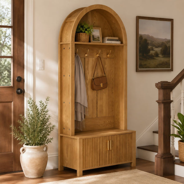English Elm Arched Farmhouse Hall Tree with Fluted Cabinet Bench and Four Metal Coat Hooks W5271P499179