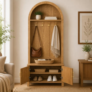 English Elm Arched Farmhouse Hall Tree with Fluted Cabinet Bench and Four Metal Coat Hooks W5271P499179