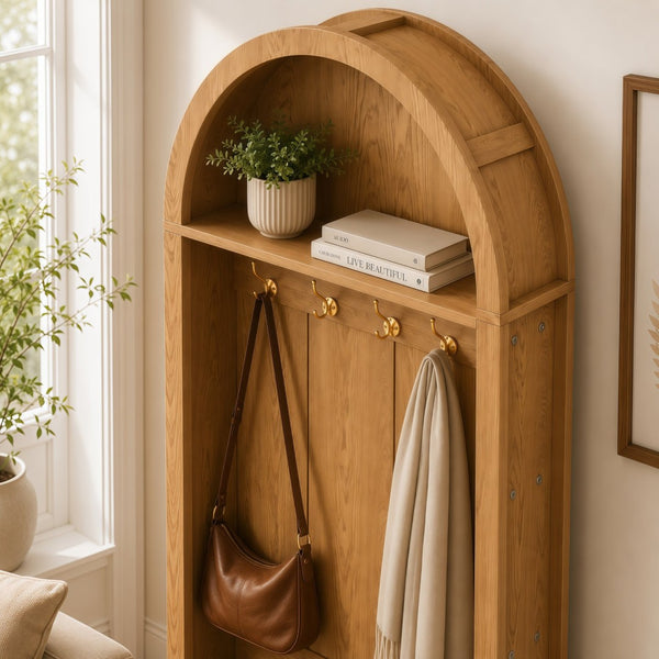 English Elm Arched Farmhouse Hall Tree with Fluted Cabinet Bench and Four Metal Coat Hooks W5271P499179