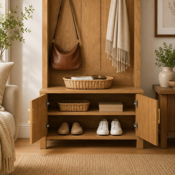 English Elm Arched Farmhouse Hall Tree with Fluted Cabinet Bench and Four Metal Coat Hooks W5271P499179